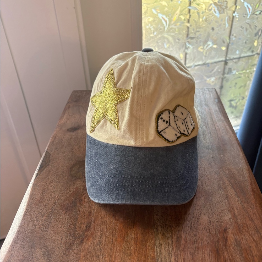 Two-Tone Denim and Cream Cap with Star and Dice Patches